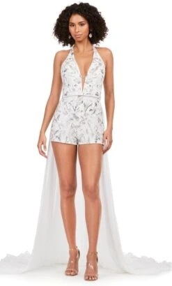 Ashley Lauren 11386 - Sequined Romper With Chiffon Overskirt