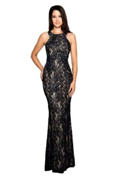 Cachet - 58250Z Black Embellished Lace Long Dress - 1 Pc Midnight Nude In Size 0 Available