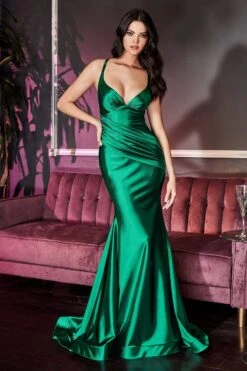 Cinderella Divine - CH236 Open Back Ruched Satin Evening Gown -Wedding Dress Shop cinderella divine ch236 open back ruched satin evening gown evening dresses xxs emerald 27947760877651