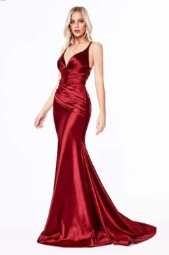 Cinderella Divine - CH236 Open Back Ruched Satin Evening Gown -Wedding Dress Shop cinderella divine ch236 open back ruched satin evening gown evening dresses xxs red 28115447054419