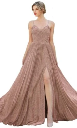 Cinderella Divine - CJ534 Long Pleated Metallic High Slit Dress -Wedding Dress Shop cinderella divine cj534 long pleated metallic high slit dress bridesmaid dresses 2 champagne 28620152340563