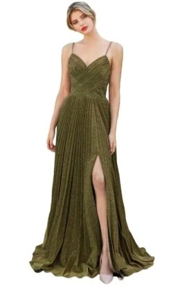 Cinderella Divine - CJ534 Long Pleated Metallic High Slit Dress -Wedding Dress Shop cinderella divine cj534 long pleated metallic high slit dress bridesmaid dresses 2 gold 28620217712723
