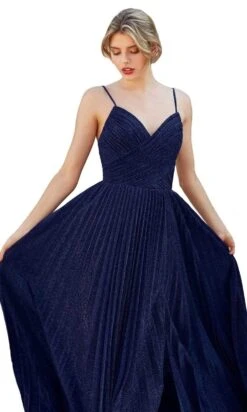 Cinderella Divine - CJ534 Long Pleated Metallic High Slit Dress -Wedding Dress Shop cinderella divine cj534 long pleated metallic high slit dress bridesmaid dresses 2 navy 28620221349971