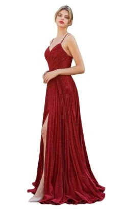 Cinderella Divine - CJ534 Long Pleated Metallic High Slit Dress -Wedding Dress Shop cinderella divine cj534 long pleated metallic high slit dress bridesmaid dresses 2 red 28620197167187