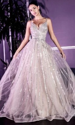 Cinderella Divine - Plunging V-Neck Beaded Prom Gown CD940 - 1 Pc Platinum In Size 10 Available