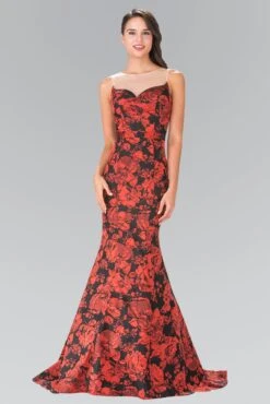 Elizabeth K - GL2246 Illusion Bateau Neckline With Floral Print Gown