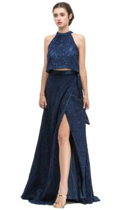 Eureka Fashion - Sleeveless Lace Halter Evening Dress With Slit -Wedding Dress Shop eureka fashion sleeveless lace halter evening dress with slit special occasion dress xs navy 5657175982137