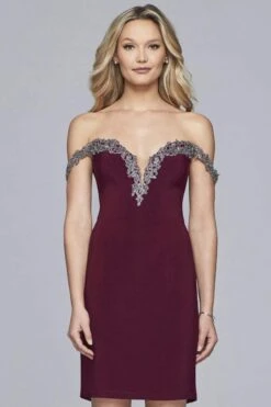 Faviana - S10152 Metallic Appliqued Jersey Sheath Dress -Wedding Dress Shop faviana s10152 metallic appliqued jersey sheath dress cocktail dresses 0 bordeaux 5392766304313