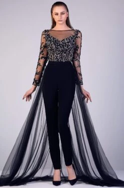 Gatti Nolli Couture - OP-5193 Beaded Illusion Overskirt Jumpsuit