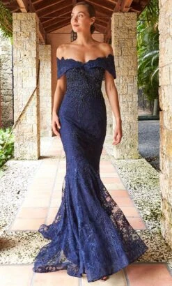 Ivonne D 221D42W - Laced Off-Shoulder Formal Gown