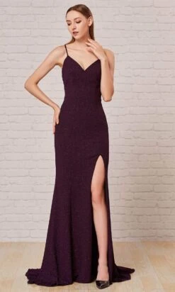 J'Adore Dresses - J18033 Spaghetti Strap Glitter High Slit Gown -Wedding Dress Shop j adore j18033 spaghetti strap glitter high slit gown evening dresses 2 plum 15650597437523