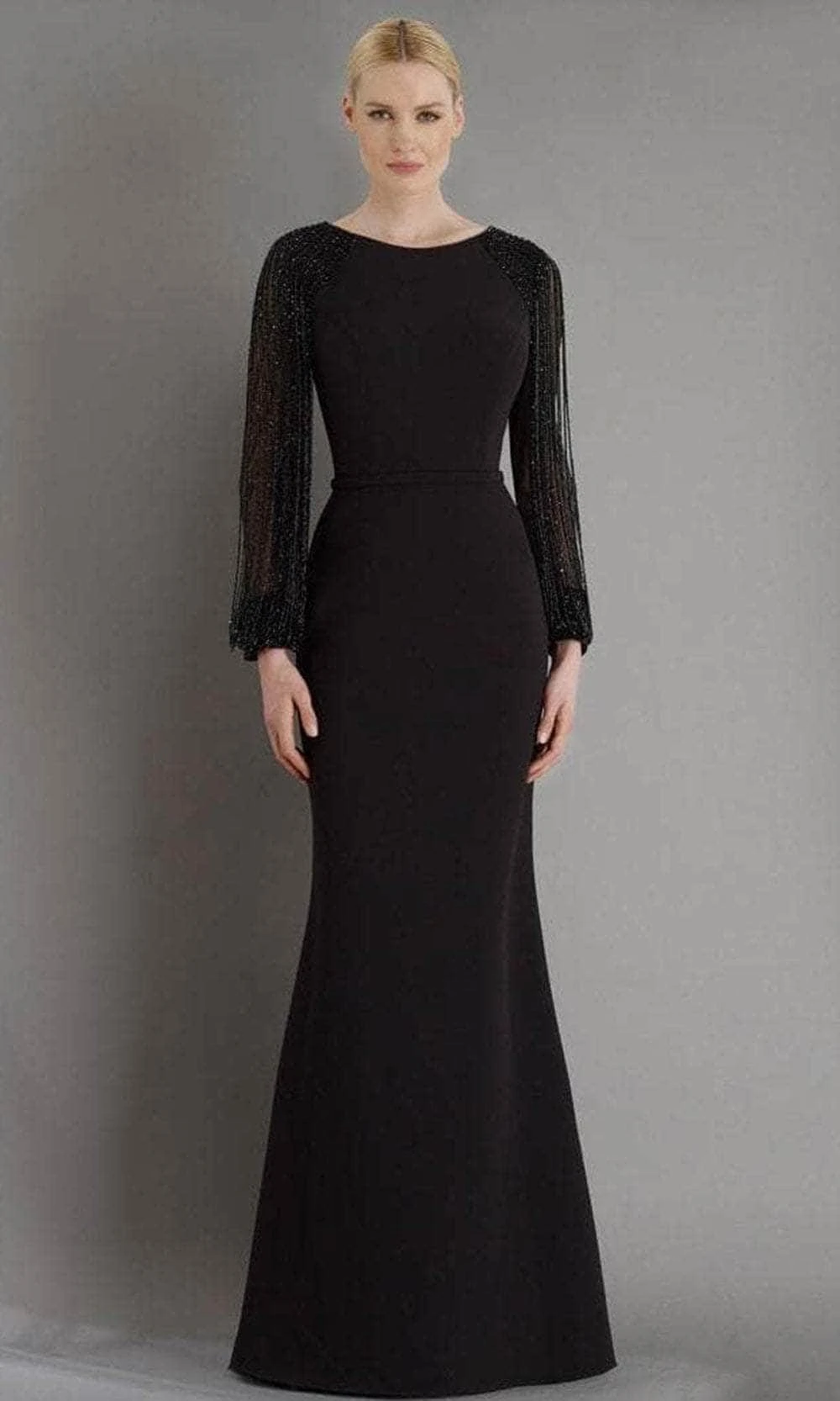 Janique - BSH-001 Bead-Draped Long Sleeve Sheath Gown In Black 1 Janique - BSH-001 Bead-Draped Long Sleeve Sheath Gown In Black