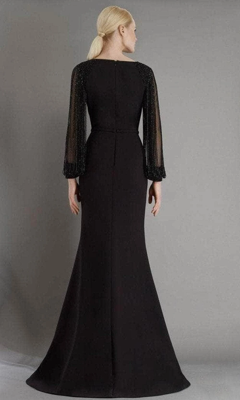 Janique - BSH-001 Bead-Draped Long Sleeve Sheath Gown In Black 2 Janique - BSH-001 Bead-Draped Long Sleeve Sheath Gown In Black - Image 2