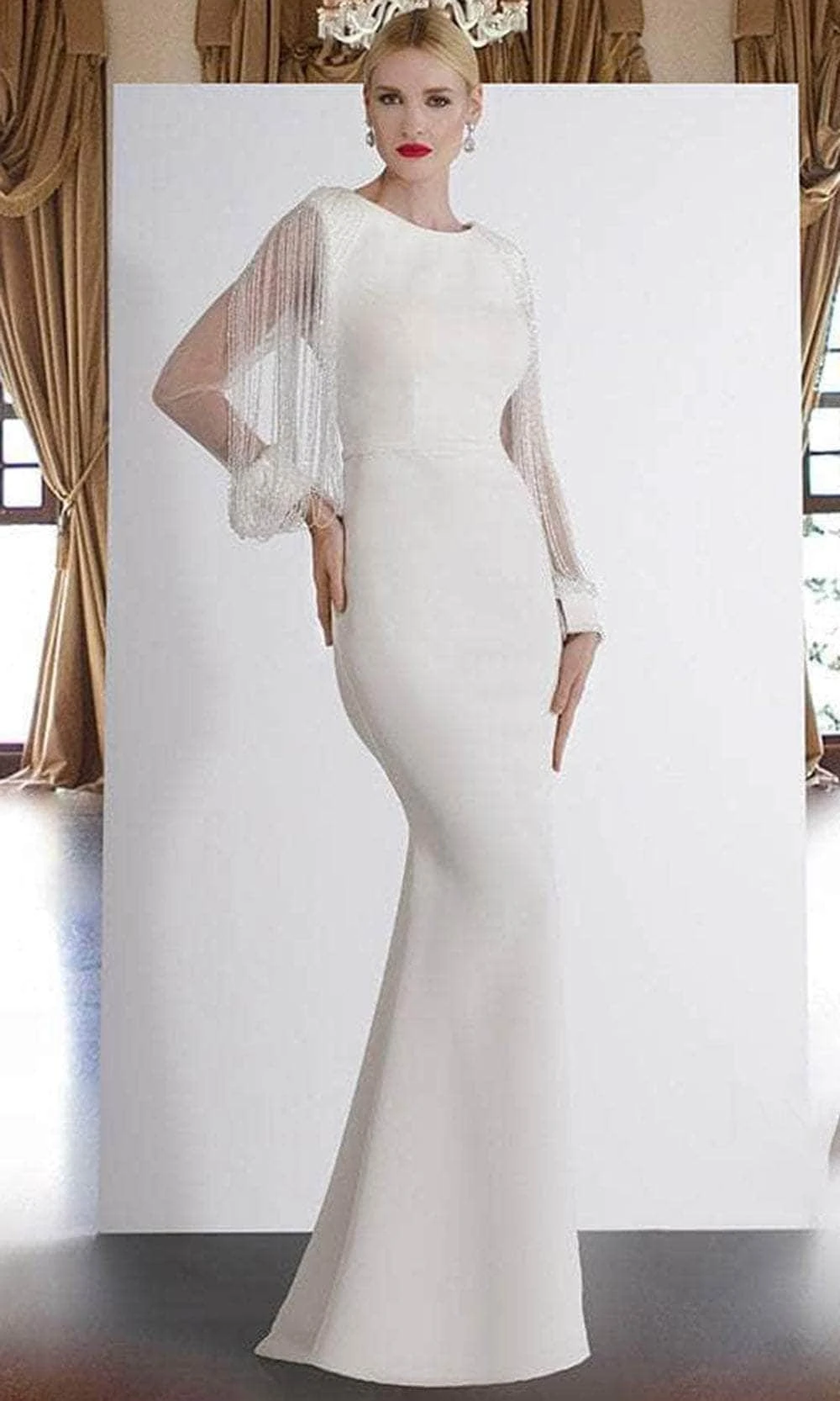 Janique - BSH-001 Bead-Draped Long Sleeve Sheath Gown In Black 3 Janique - BSH-001 Bead-Draped Long Sleeve Sheath Gown In Black - Image 3