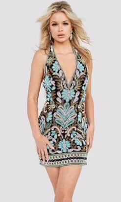 Jovani 000170 - Beaded Deep Halter Neck Short Dress