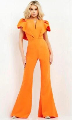 Jovani - 00762 Ruffle Angel Sleeved Split Neckline Jumpsuit 12 Jovani - 00762 Ruffle Angel Sleeved Split Neckline Jumpsuit -Wedding Dress Shop jovani 00762 ruffle angel sleeved split neckline jumpsuit evening dresses 00 orange 32357141708883