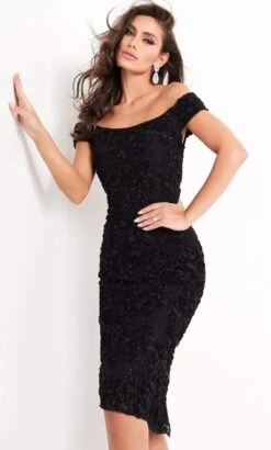 Jovani - 04763 Off-Shoulder Textured Lace Sheath Knee-Length Dress -Wedding Dress Shop jovani 04763 off shoulder textured lace sheath knee length dress homecoming dresses 00 black 15902888394835