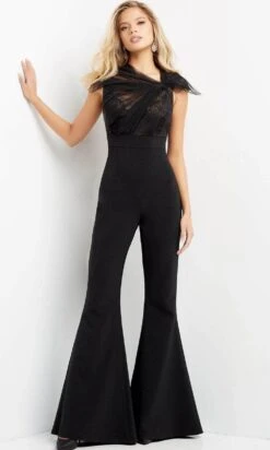 Jovani - Cap Sleeve Lace Evening Jumpsuit 05676SC - 1 Pc Black In Size 10 Available