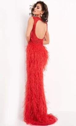 Jovani - Sleeveless V Neck High Slit Feather Skirt Prom Dress 06446SC -Wedding Dress Shop jovani sleeveless v neck high slit feather skirt prom dress 06446sc 1 pc red in size 8 available ccsale 8 red 27938893332563