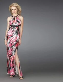 La Femme - 14209 Printed Halter Elegant Dress With Cut-Outs