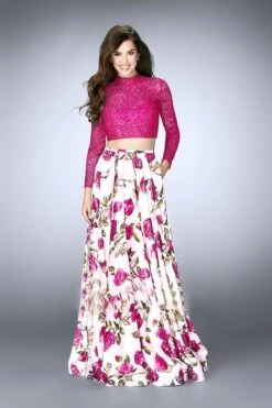 La Femme - 24507 Two Piece Floral And Lace Satin Ensemble Prom Dress -Wedding Dress Shop la femme 24507 two piece floral and lace satin ensemble prom dress special occasion dress 00 pink multi 5514937958457