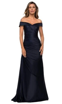 La Femme - 28103 Off Shoulder Pleated Satin Evening Gown 14 La Femme - 28103 Off Shoulder Pleated Satin Evening Gown -Wedding Dress Shop la femme 28103 off shoulder pleated satin evening gown mother of the bride dresses 2 navy 28114089574483