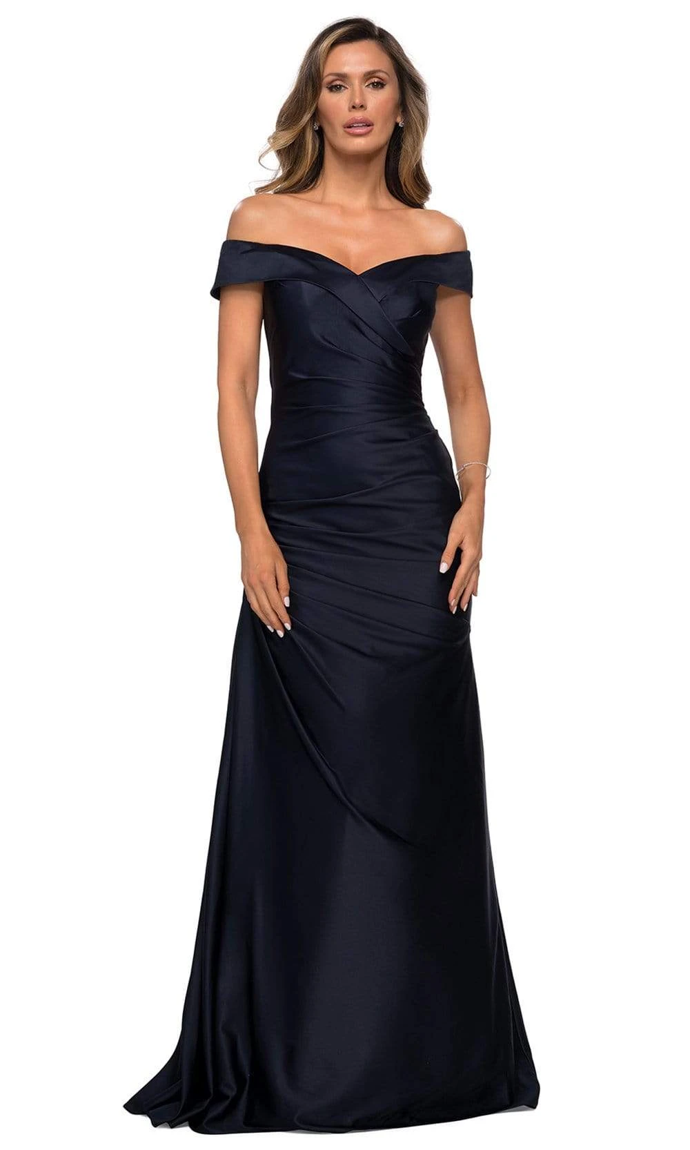 La Femme - 28103 Off Shoulder Pleated Satin Evening Gown 5 La Femme - 28103 Off Shoulder Pleated Satin Evening Gown - Image 5