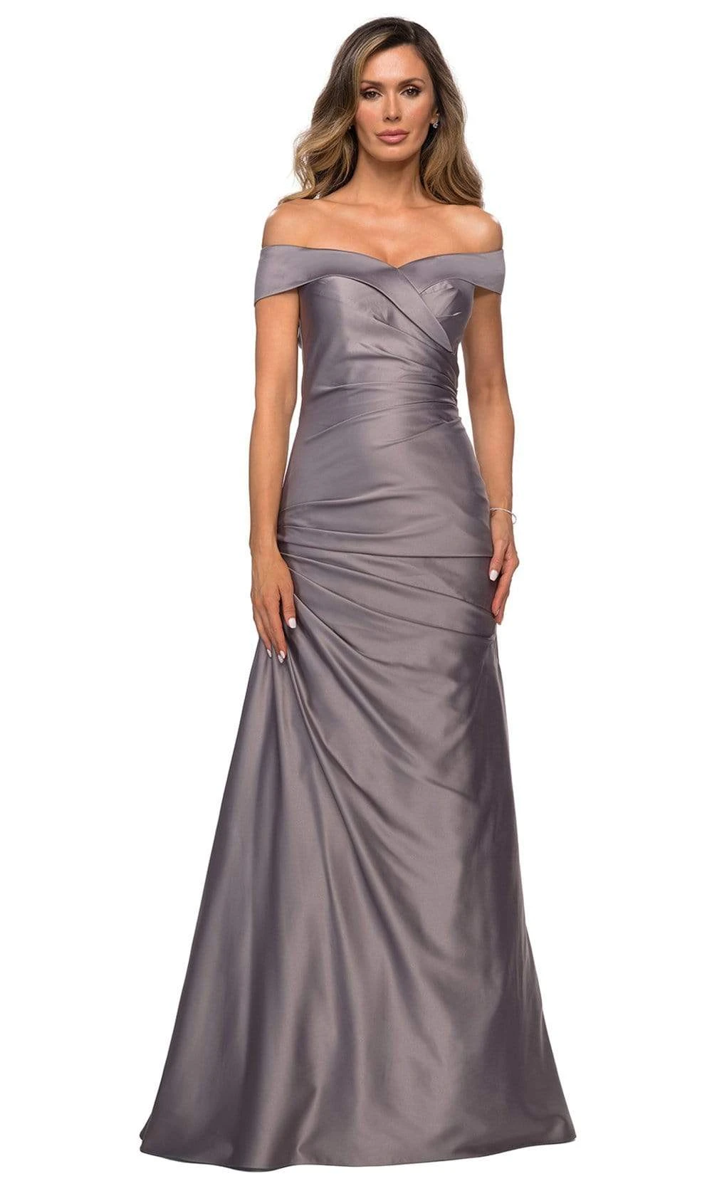 La Femme - 28103 Off Shoulder Pleated Satin Evening Gown 8 La Femme - 28103 Off Shoulder Pleated Satin Evening Gown - Image 8