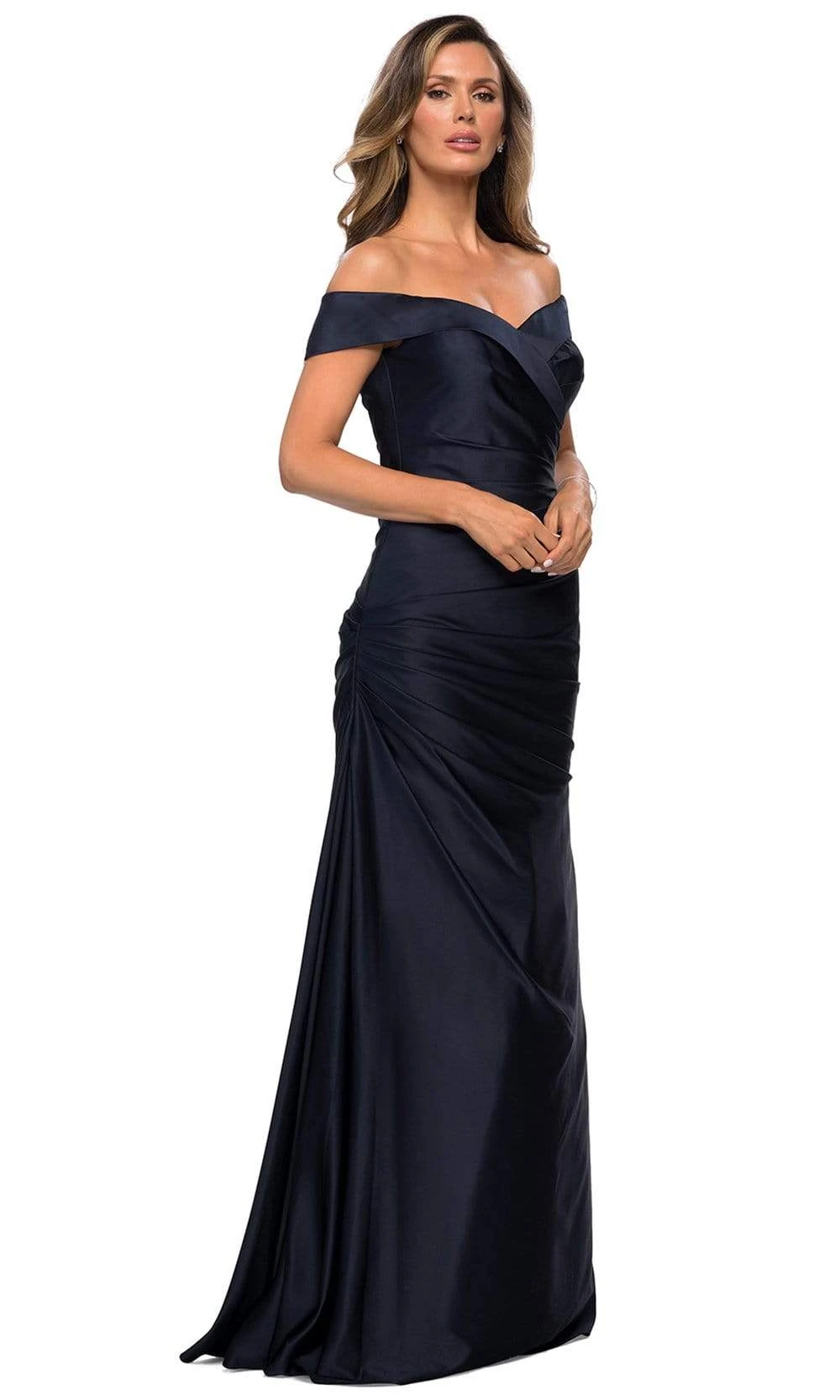La Femme - 28103 Off Shoulder Pleated Satin Evening Gown 7 La Femme - 28103 Off Shoulder Pleated Satin Evening Gown - Image 7