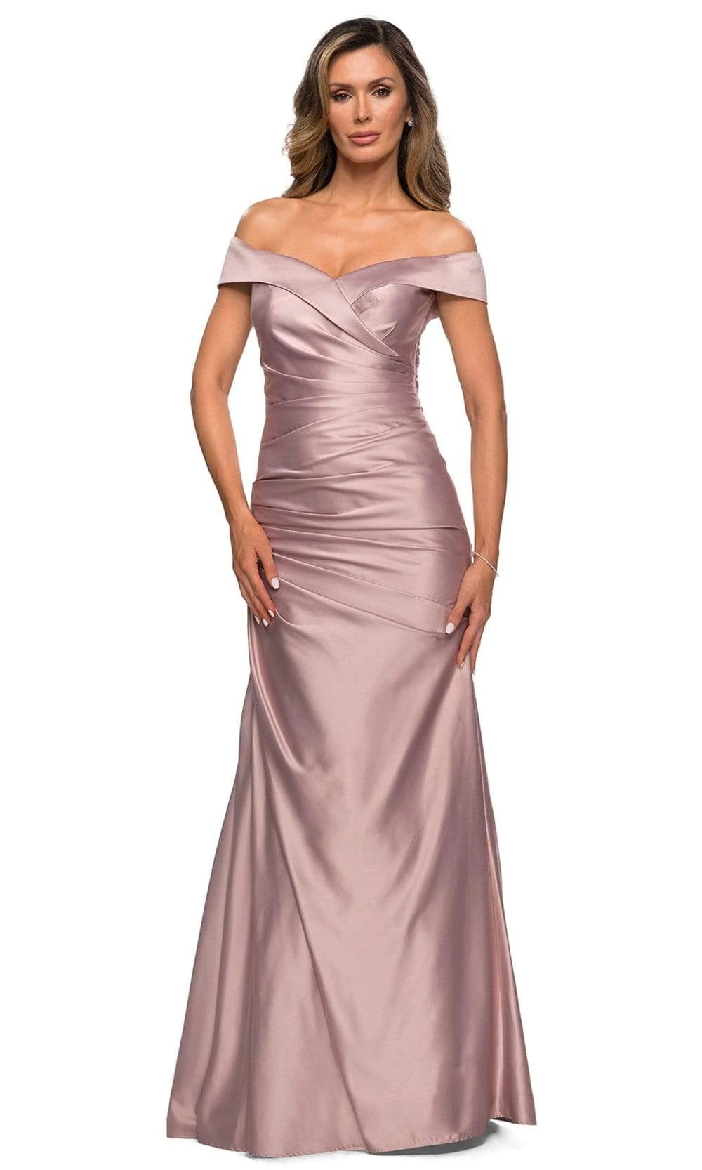 La Femme - 28103 Off Shoulder Pleated Satin Evening Gown 3 La Femme - 28103 Off Shoulder Pleated Satin Evening Gown - Image 3