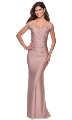 La Femme - 28450 Off Shoulder Ruched Jersey Sheath Dress -Wedding Dress Shop la femme 28450 off shoulder ruched jersey sheath dress bridesmaid dresses 00 mauve 28601788858451