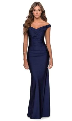 La Femme - 28450 Off Shoulder Ruched Jersey Sheath Dress -Wedding Dress Shop la femme 28450 off shoulder ruched jersey sheath dress bridesmaid dresses 00 navy 28828642607187