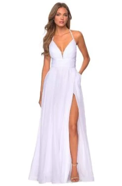 La Femme - 28522 Halter Strappy A-Line Gown With Slit -Wedding Dress Shop la femme 28522 halter strappy a line gown with slit prom dresses 00 white 13717639364691