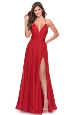 La Femme - 28522 Halter Strappy A-Line Gown With Slit -Wedding Dress Shop la femme 28522 halter strappy a line gown with slit prom dresses 13717639200851