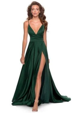La Femme - 28607SC Spaghetti Strap Deep V Neck High Leg Slit Satin Gown -Wedding Dress Shop la femme 28607sc spaghetti strap deep v neck high leg slit satin gown ccsale 15891347177555