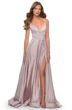 La Femme - 28607SC Spaghetti Strap Deep V Neck High Leg Slit Satin Gown -Wedding Dress Shop la femme 28607sc spaghetti strap deep v neck high leg slit satin gown ccsale 4 mauve 28197439438931