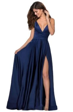 La Femme - 28607SC Spaghetti Strap Deep V Neck High Leg Slit Satin Gown -Wedding Dress Shop la femme 28607sc spaghetti strap deep v neck high leg slit satin gown ccsale 4 navy 28197354438739