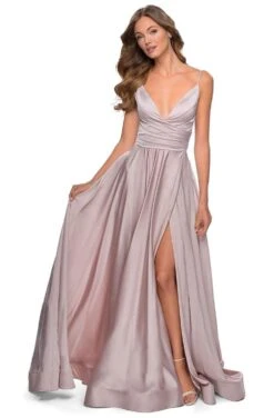 La Femme - 28607SC Spaghetti Strap Deep V Neck High Leg Slit Satin Gown -Wedding Dress Shop la femme 28607sc spaghetti strap deep v neck high leg slit satin gown ccsale 6 mauve 28503472996435