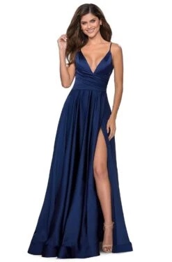 La Femme - 28607SC Spaghetti Strap Deep V Neck High Leg Slit Satin Gown -Wedding Dress Shop la femme 28607sc spaghetti strap deep v neck high leg slit satin gown ccsale 8 royal blue 28197352898643
