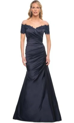 La Femme 30199 - Satin And Lace Pleated Gown