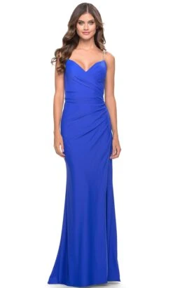 La Femme 31107 - V-Neckline Ruched Evening Dress -Wedding Dress Shop la femme 31107 v neckline ruched evening dress special occasion dress 00 royal blue 31787721687123