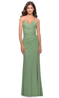 La Femme 31107 - V-Neckline Ruched Evening Dress -Wedding Dress Shop la femme 31107 v neckline ruched evening dress special occasion dress 00 sage 31787721588819