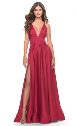 La Femme 31533 - V Neckline Wide Waistband Long Dress