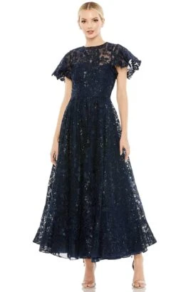 Mac Duggal 50665 - Floral Lace Jewel Neck Midi Dress -Wedding Dress Shop mac duggal 50665 floral lace jewel neck midi dress cocktail dresses 0 navy 31847173193811
