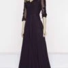 Marsoni By Colors - M237 V-Neck Beaded Lace Applique Chiffon Dress