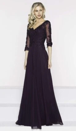 Marsoni By Colors - M237 V-Neck Beaded Lace Applique Chiffon Dress