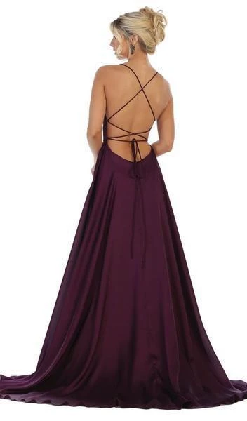 May Queen - Halter Neck Tie String Back A-Line Satin Gown MQ1642 - 1 Pc Eggplant In Size 4 Available 2 May Queen - Halter Neck Tie String Back A-Line Satin Gown MQ1642 - 1 Pc Eggplant In Size 4 Available - Image 2