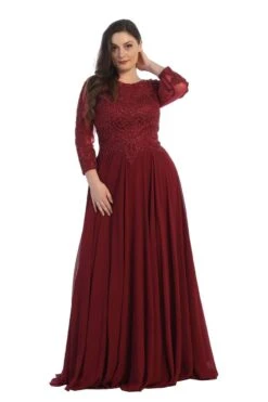 May Queen - MQ1615 Embroidered Long Sleeve Bateau A-line Dress -Wedding Dress Shop may queen mq1615 embroidered long sleeve bateau a line dress mother of the bride dresses m burgundy 29109237317715