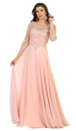May Queen - MQ1615 Embroidered Long Sleeve Bateau A-line Dress -Wedding Dress Shop may queen mq1615 embroidered long sleeve bateau a line dress mother of the bride dresses m dusty rose 27982877392979