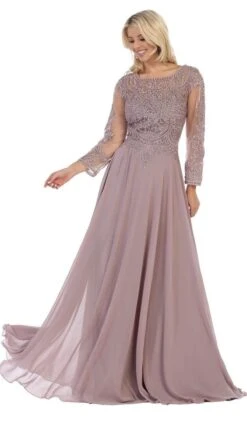 May Queen - MQ1615 Embroidered Long Sleeve Bateau A-line Dress -Wedding Dress Shop may queen mq1615 embroidered long sleeve bateau a line dress mother of the bride dresses m mauve 27982874640467